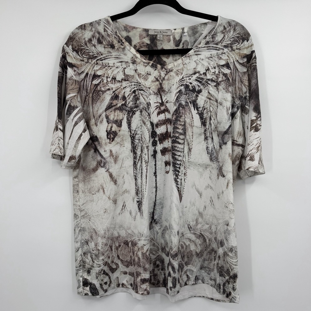 Jess & Jane Top Shirt Womens Large Cream Smooth Finish Feather Embellished